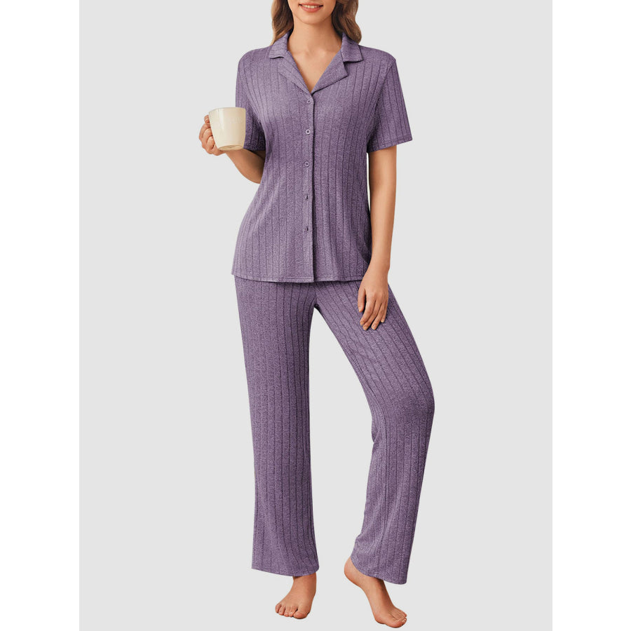 Button Down Long Sleeve Top and Pants Lounge Set Apparel and Accessories