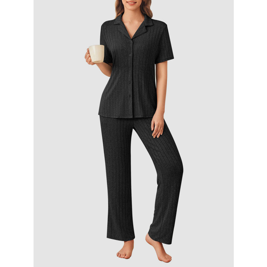 Button Down Long Sleeve Top and Pants Lounge Set Black / S Apparel and Accessories