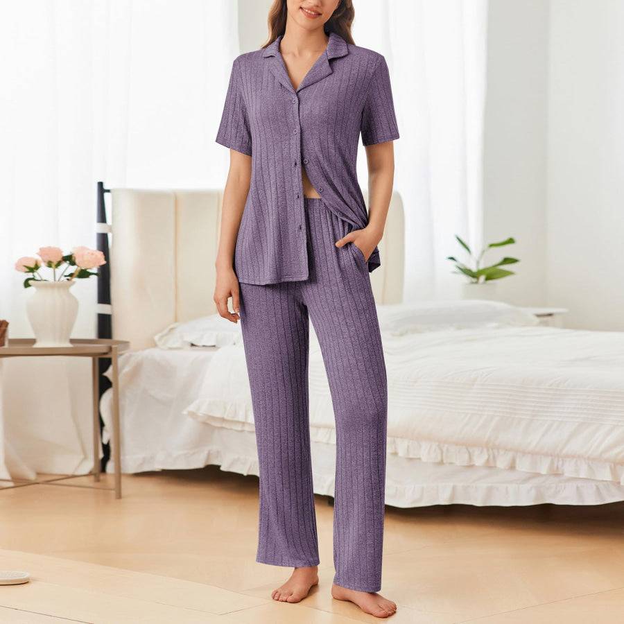 Button Down Long Sleeve Top and Pants Lounge Set Mauve / S Apparel and Accessories