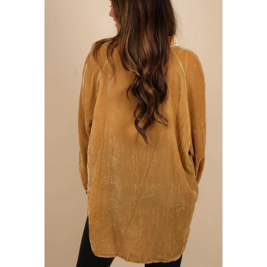 Button Down Loose Fit Velvet Shirt Caramel / S Apparel and Accessories