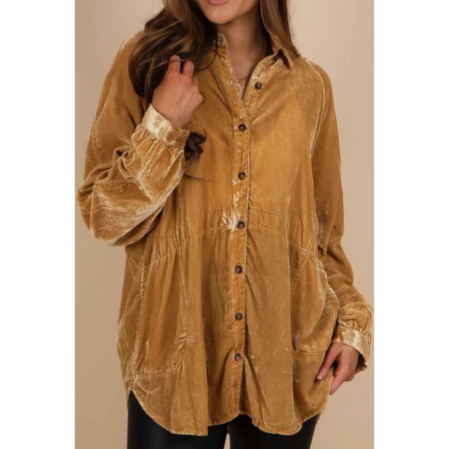 Button Down Loose Fit Velvet Shirt Caramel / S Apparel and Accessories