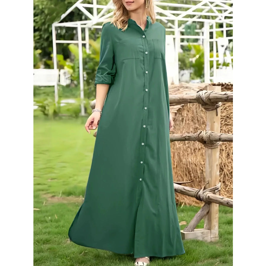 Button-Down Maxi Shirt Dress Green / S Apparel and Accessories