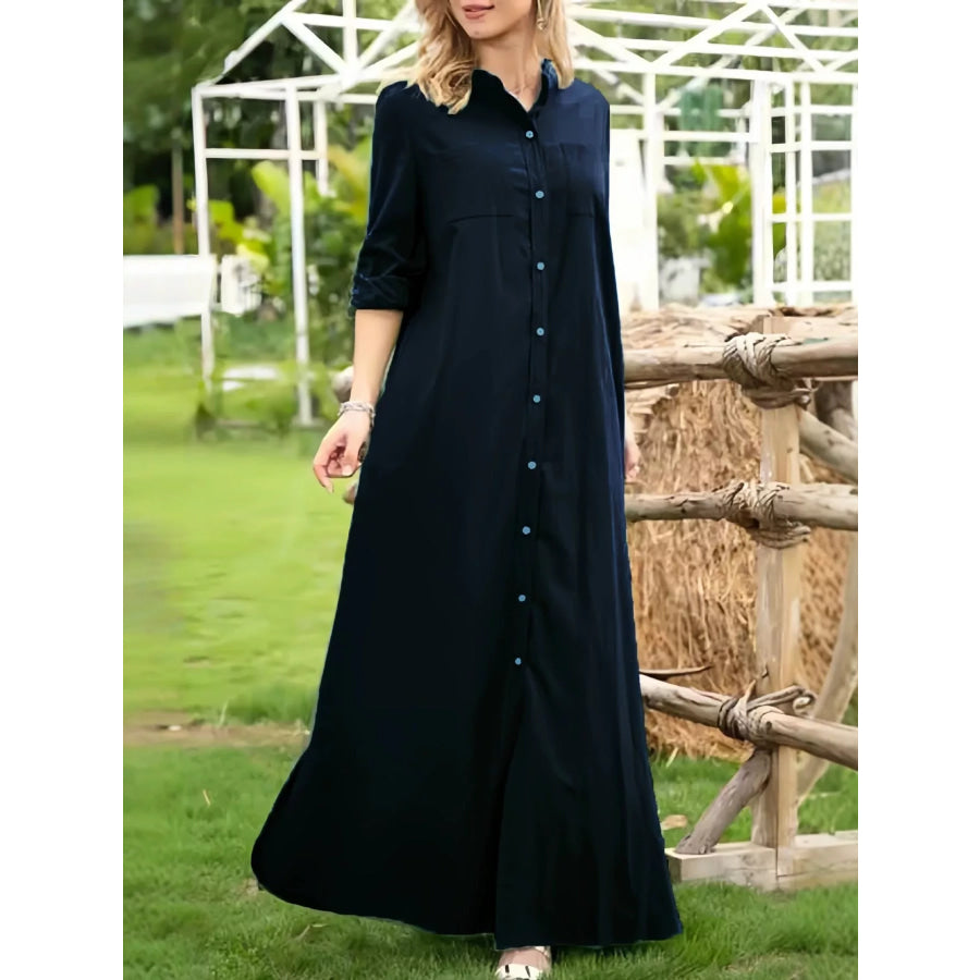 Button-Down Maxi Shirt Dress Navy Blue / S Apparel and Accessories