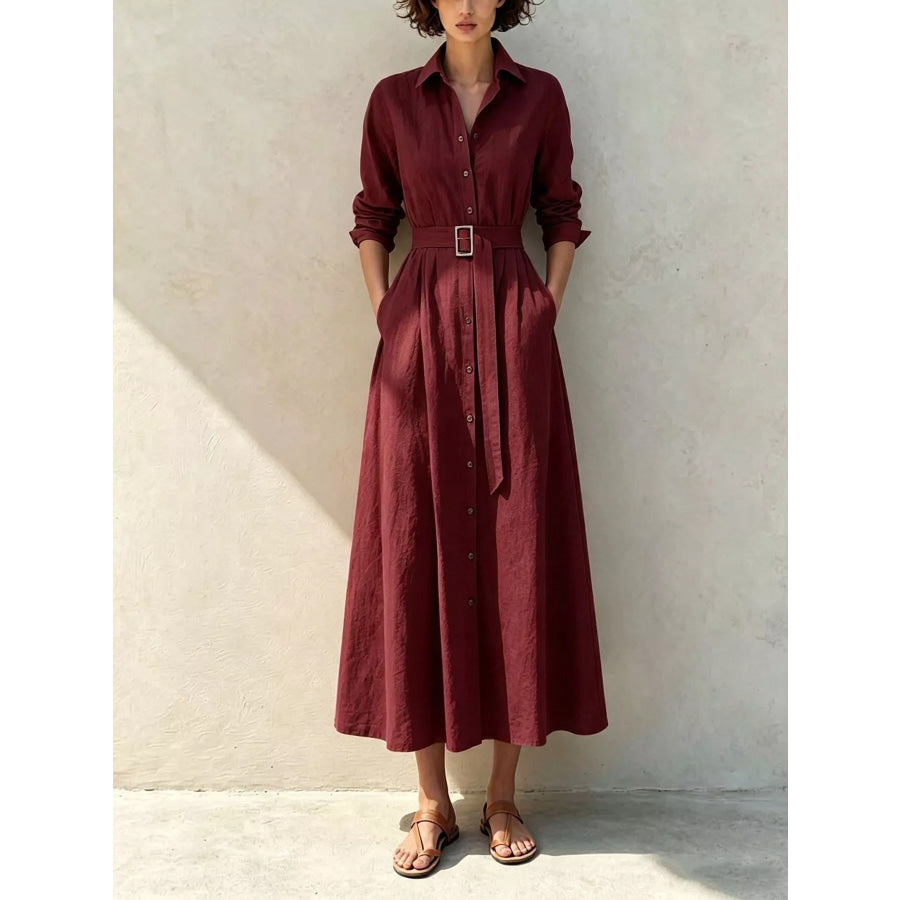 Button-Down Midi Shirt Dress with Pockets Burgundy / S Apparel and Accessories