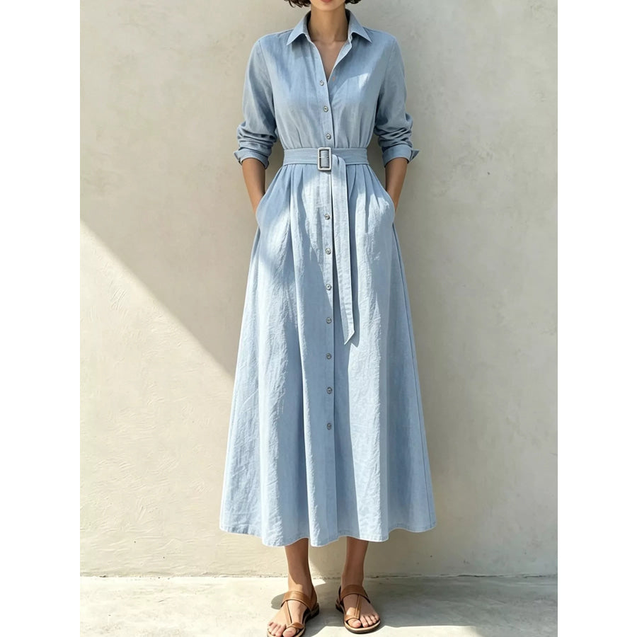 Button-Down Midi Shirt Dress with Pockets Light Blue / S Apparel and Accessories