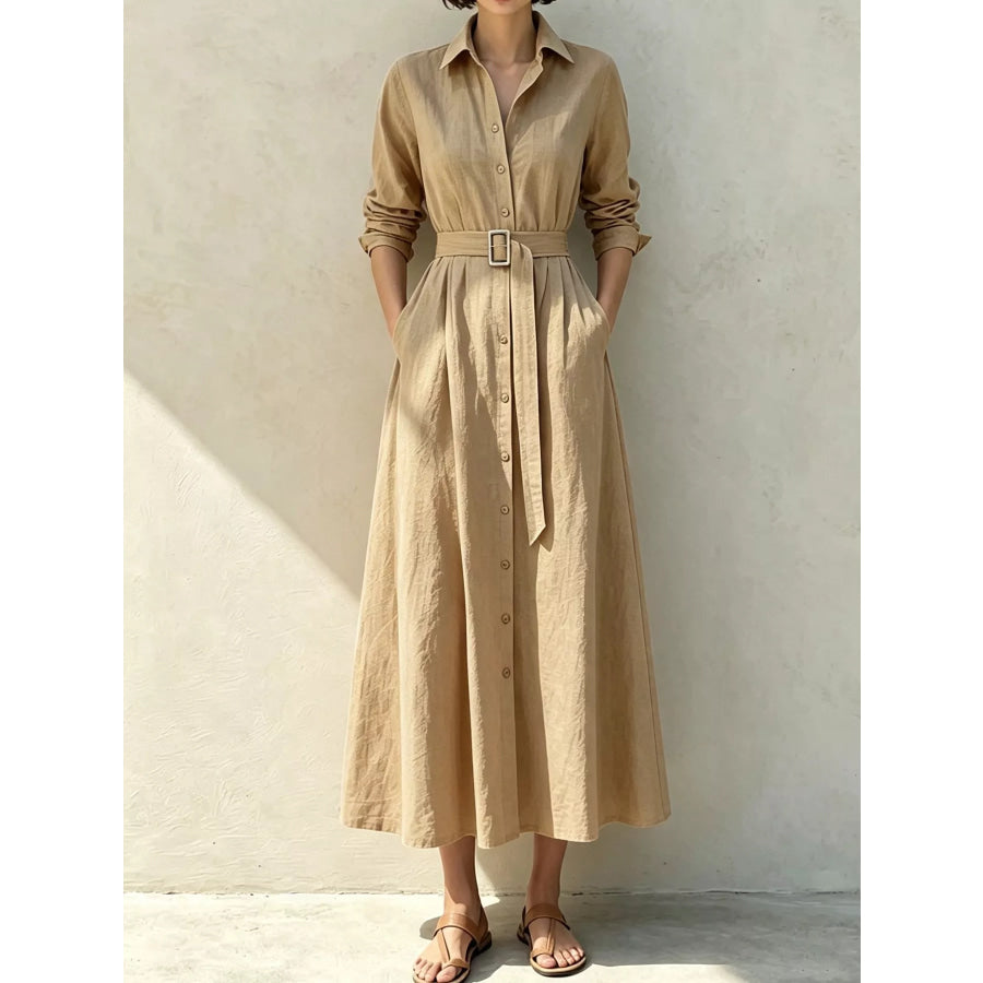 Button-Down Midi Shirt Dress with Pockets Tan / S Apparel and Accessories