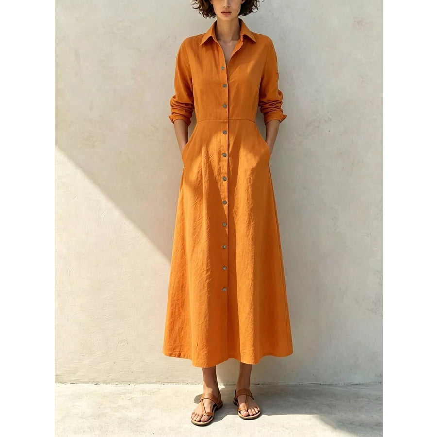 Button-Down Midi Shirt Dress with Pockets Tangerine / S Apparel and Accessories