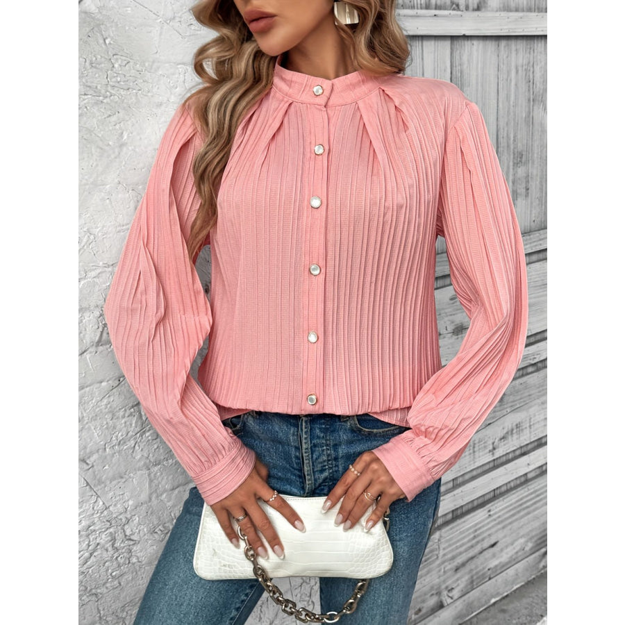 Button Down Mock Neck Long Sleeve Shirt Apparel and Accessories