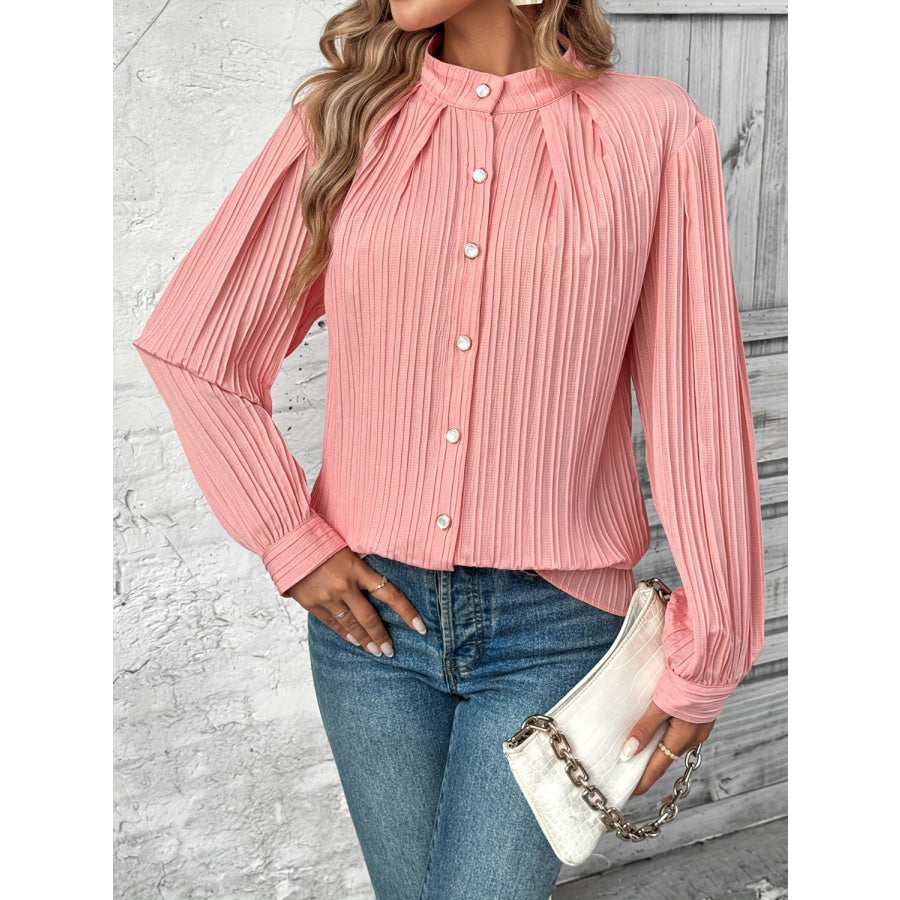 Button Down Mock Neck Long Sleeve Shirt Coral / S Apparel and Accessories