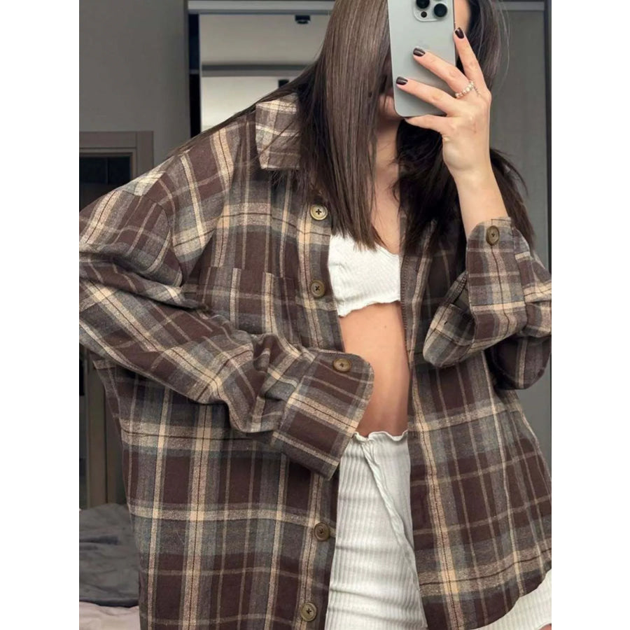 Button Down Oversized Plaid Shirt Coffee Brown / S Apparel and Accessories
