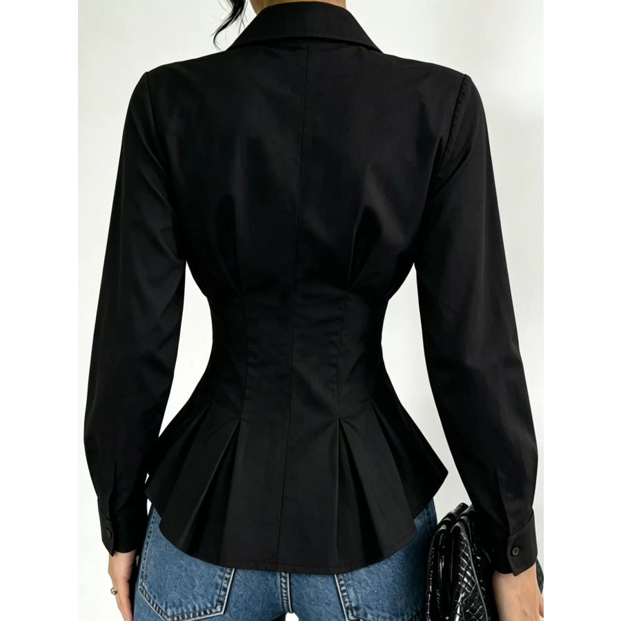 Button-Down Peplum Blouse with Fitted Waist Apparel and Accessories
