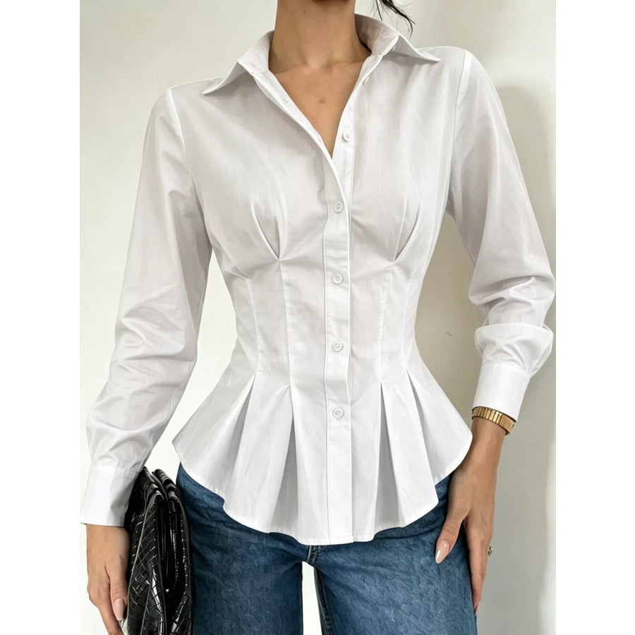 Button-Down Peplum Blouse with Fitted Waist Apparel and Accessories