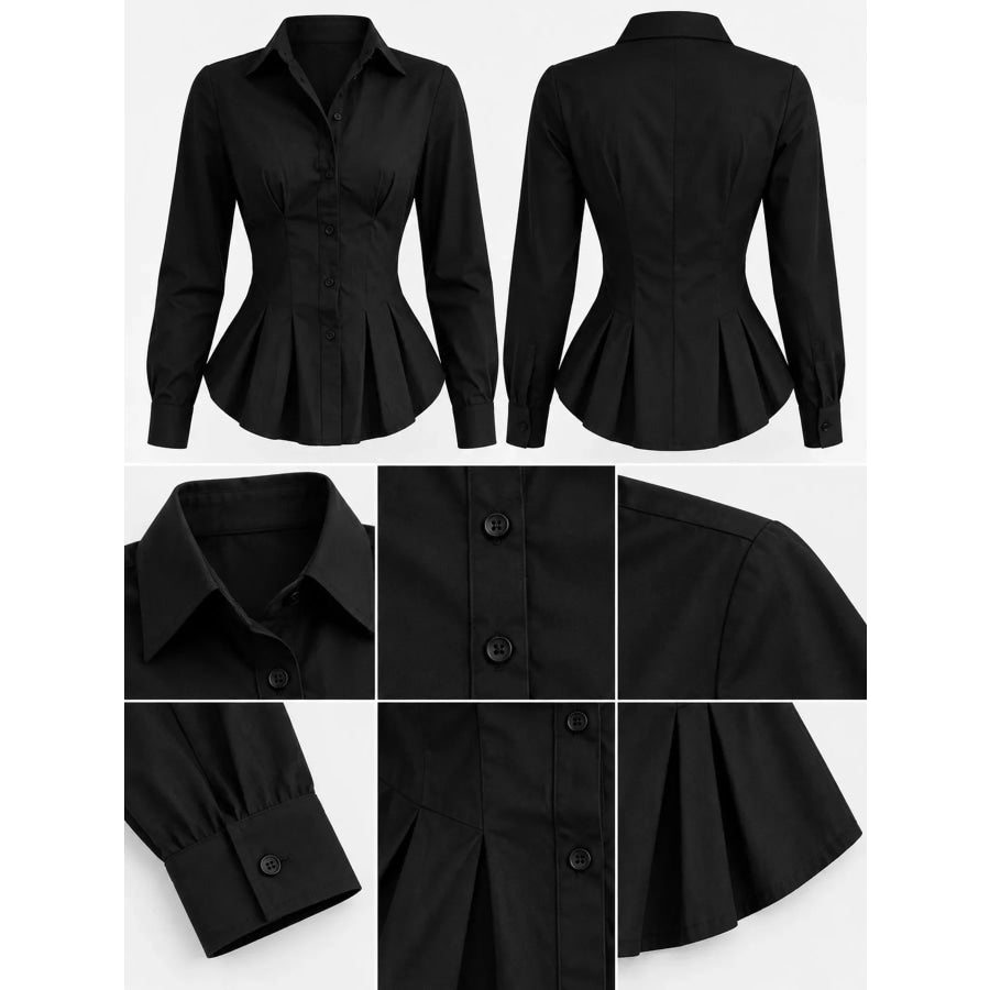 Button-Down Peplum Blouse with Fitted Waist Apparel and Accessories