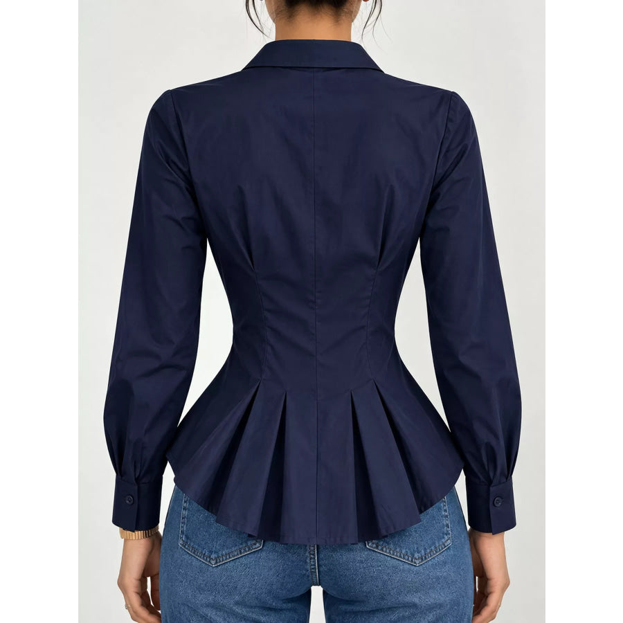 Button-Down Peplum Blouse with Fitted Waist Apparel and Accessories