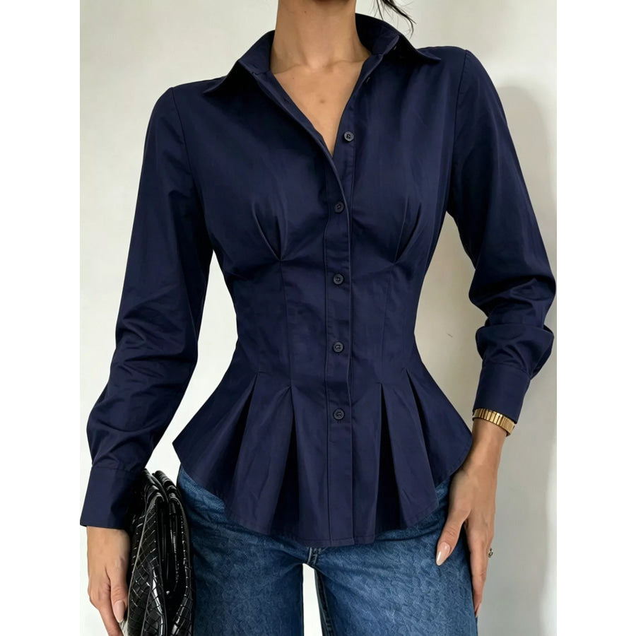 Button-Down Peplum Blouse with Fitted Waist Apparel and Accessories