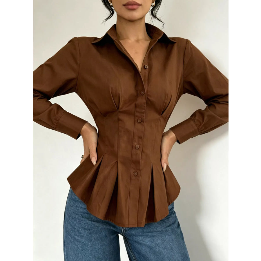 Button-Down Peplum Blouse with Fitted Waist Apparel and Accessories