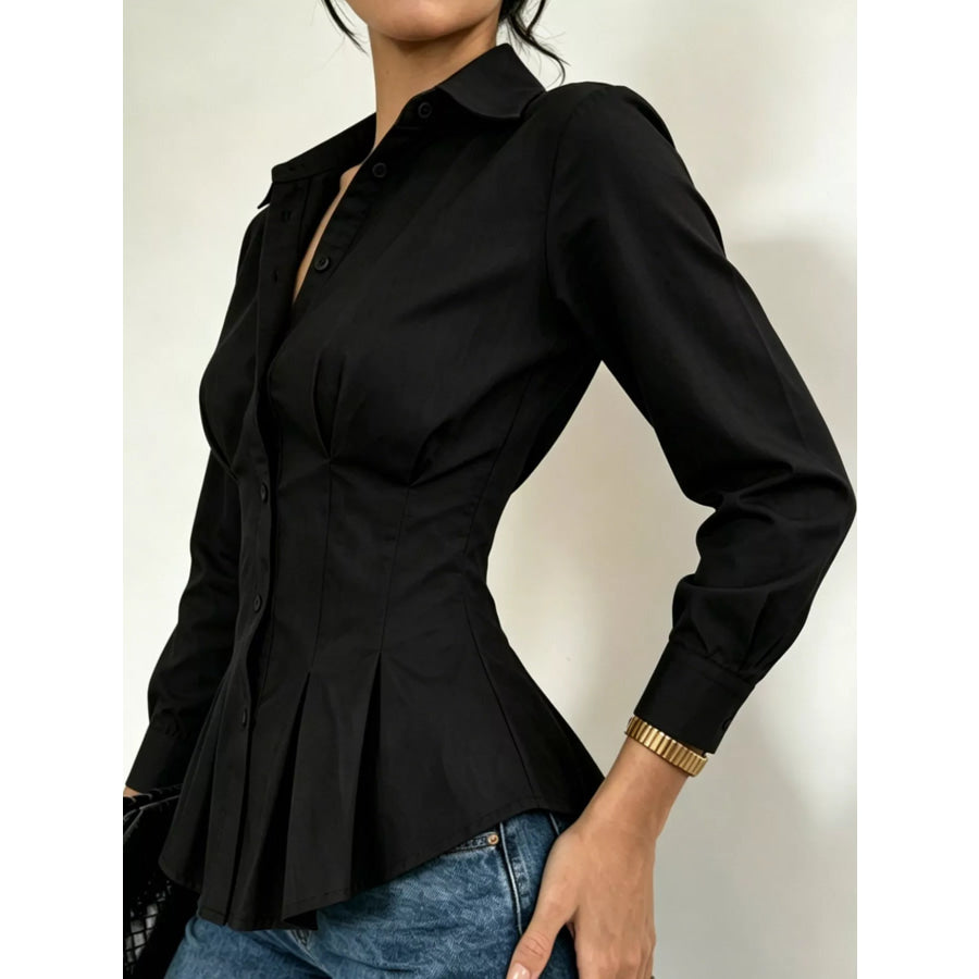 Button-Down Peplum Blouse with Fitted Waist Apparel and Accessories
