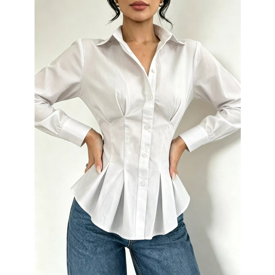 Button-Down Peplum Blouse with Fitted Waist Apparel and Accessories