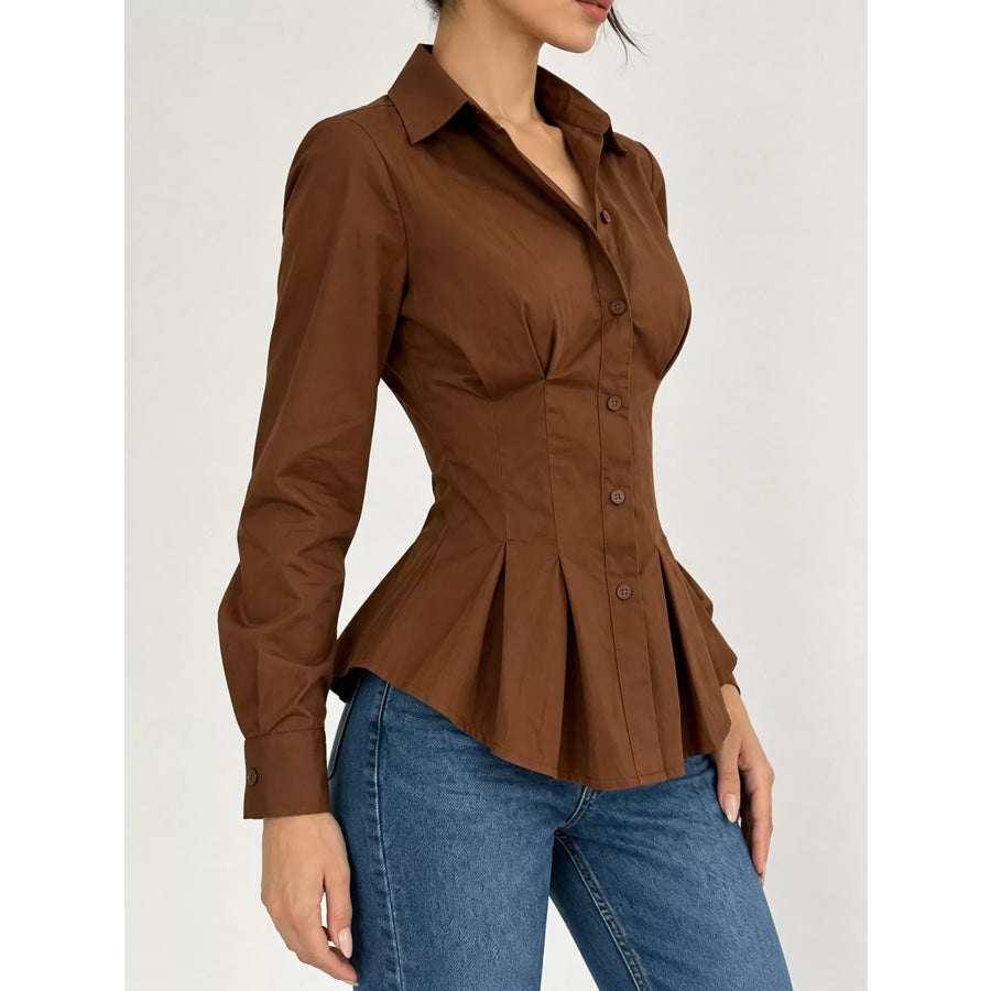 Button-Down Peplum Blouse with Fitted Waist Apparel and Accessories