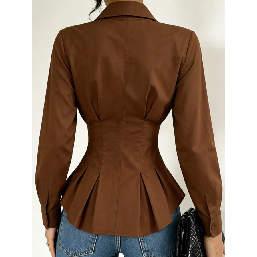 Button-Down Peplum Blouse with Fitted Waist Apparel and Accessories