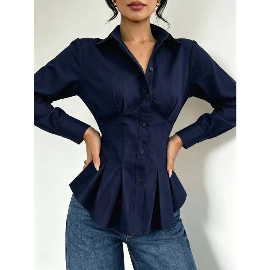 Button-Down Peplum Blouse with Fitted Waist Apparel and Accessories