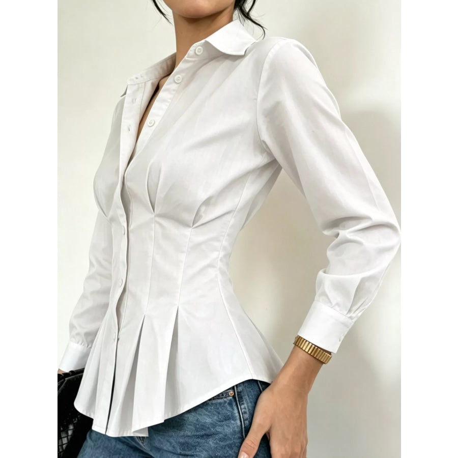 Button-Down Peplum Blouse with Fitted Waist Apparel and Accessories