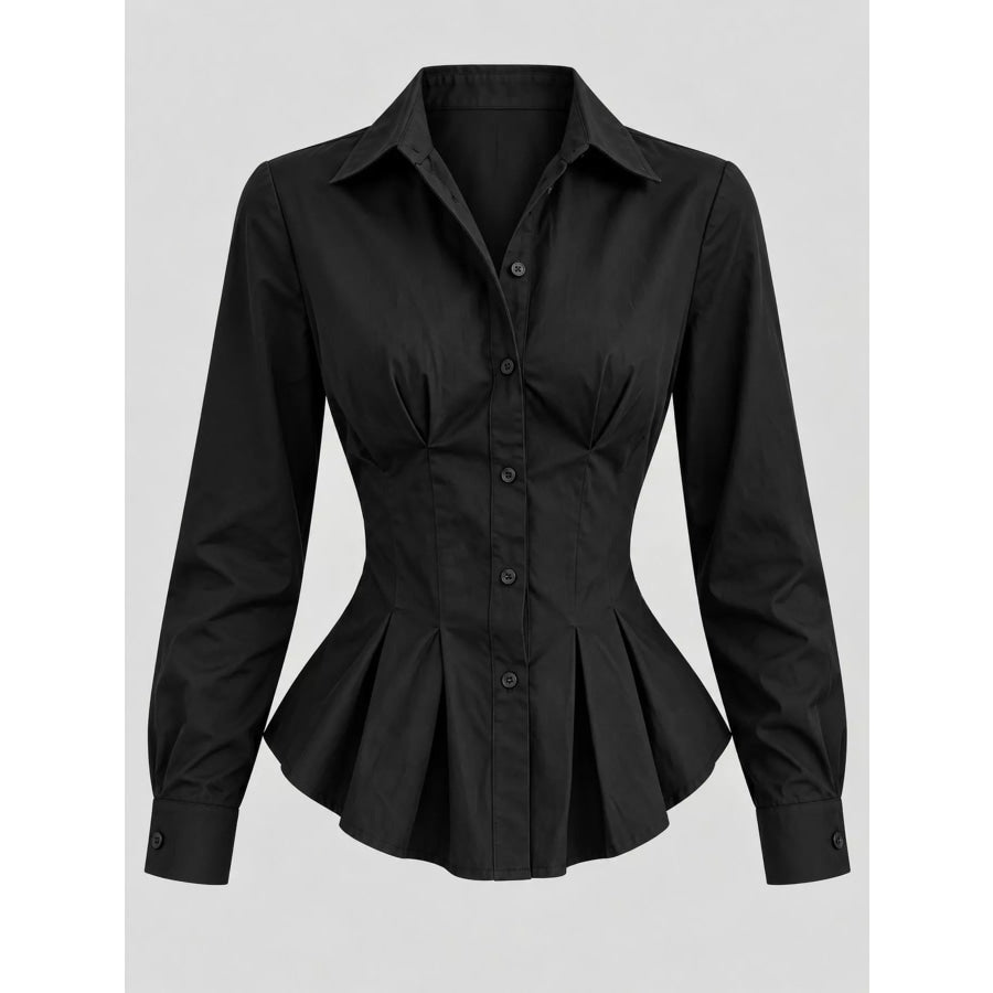 Button-Down Peplum Blouse with Fitted Waist Apparel and Accessories