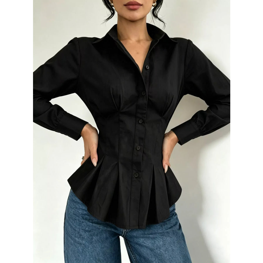 Button-Down Peplum Blouse with Fitted Waist Apparel and Accessories