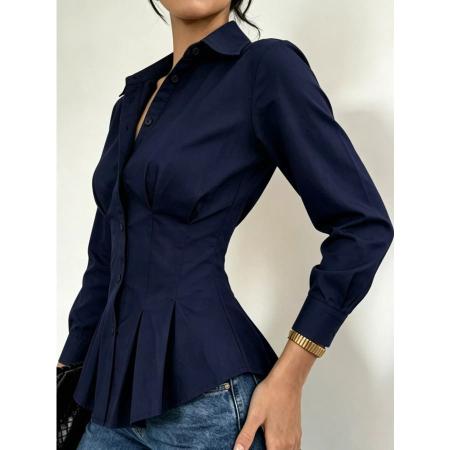 Button-Down Peplum Blouse with Fitted Waist Apparel and Accessories