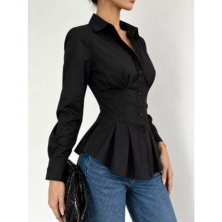 Button-Down Peplum Blouse with Fitted Waist Apparel and Accessories
