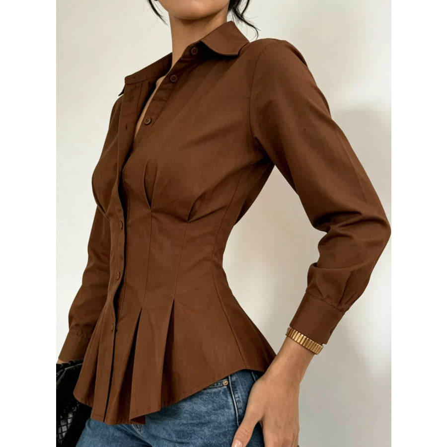 Button-Down Peplum Blouse with Fitted Waist Apparel and Accessories