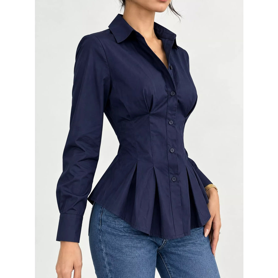Button-Down Peplum Blouse with Fitted Waist Apparel and Accessories