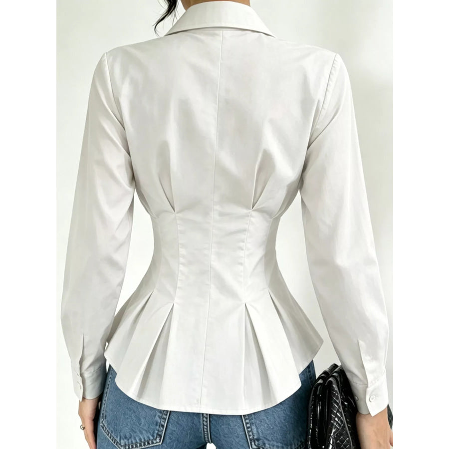 Button-Down Peplum Blouse with Fitted Waist Apparel and Accessories