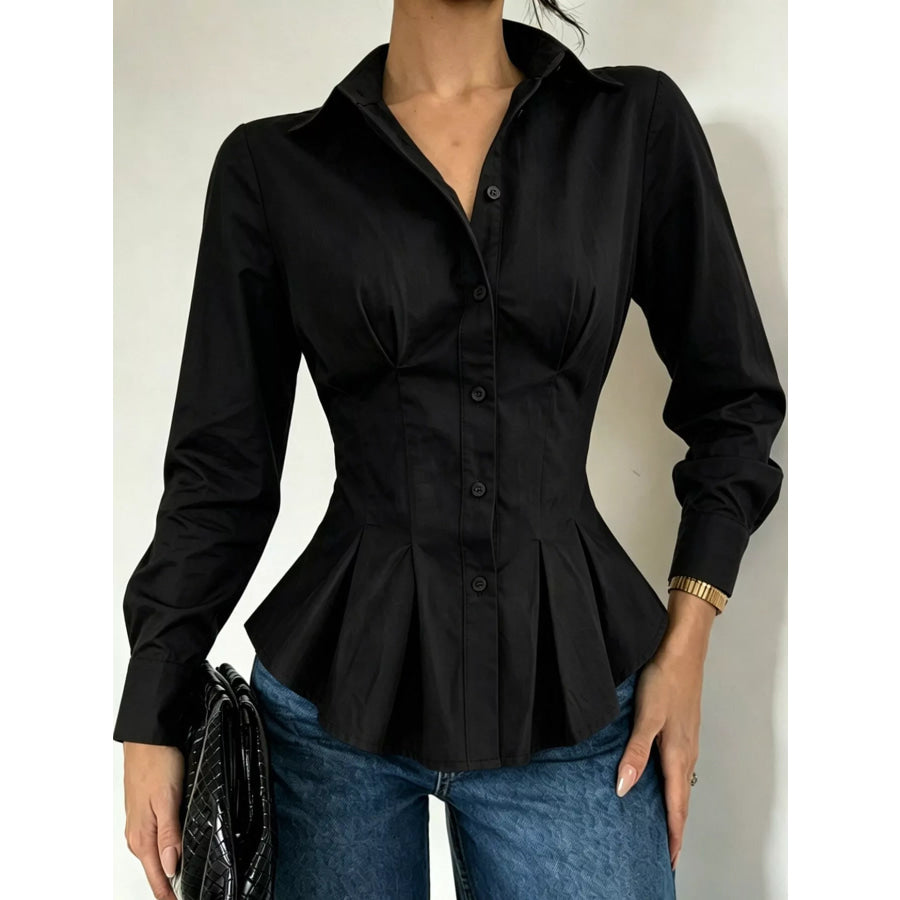 Button-Down Peplum Blouse with Fitted Waist Black / S Apparel and Accessories