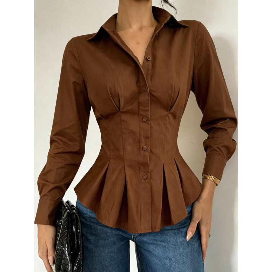 Button-Down Peplum Blouse with Fitted Waist Dark Brown / S Apparel and Accessories