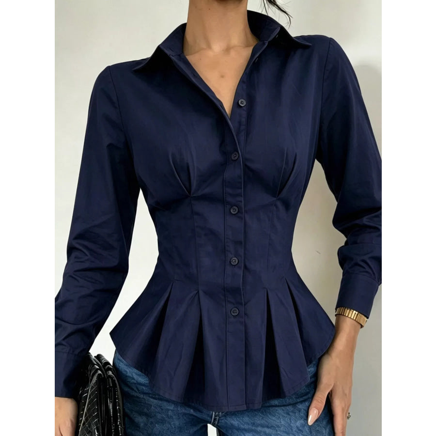Button-Down Peplum Blouse with Fitted Waist Navy / S Apparel and Accessories