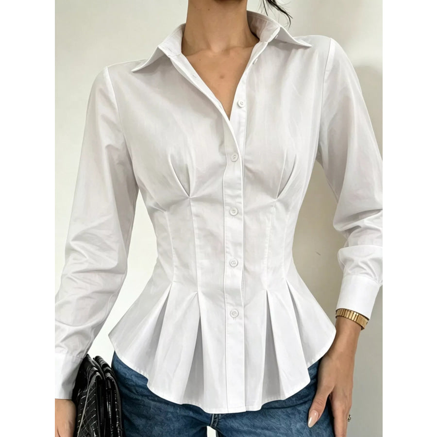 Button-Down Peplum Blouse with Fitted Waist White / S Apparel and Accessories
