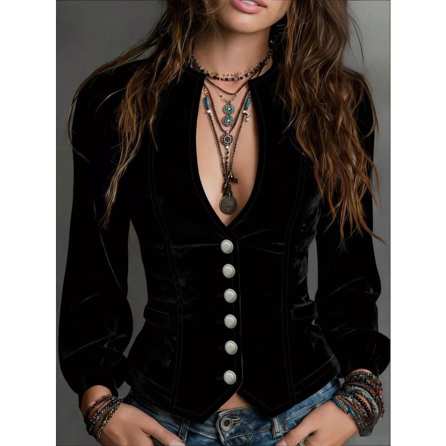 Button Down Plunge Velvet Shirt Black / S