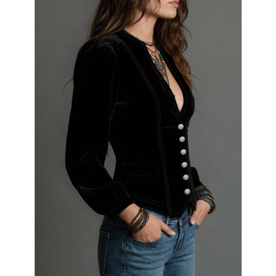 Button Down Plunge Velvet Shirt