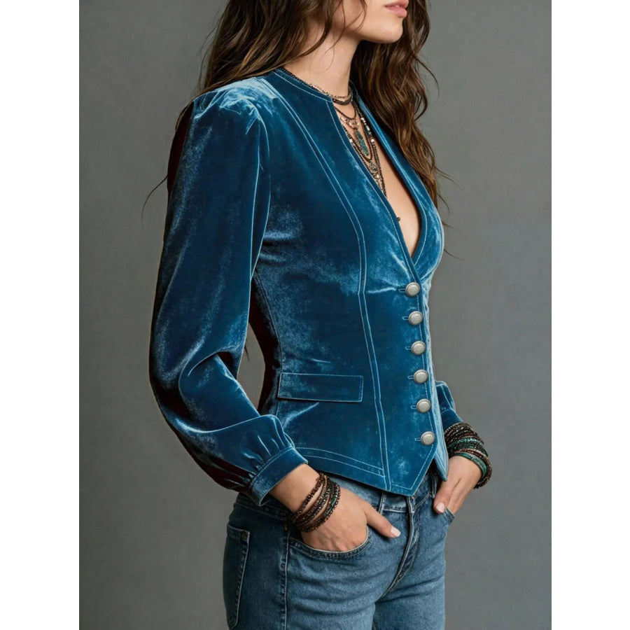 Button Down Plunge Velvet Shirt