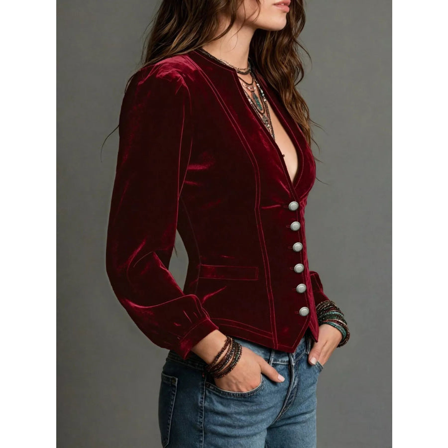 Button Down Plunge Velvet Shirt