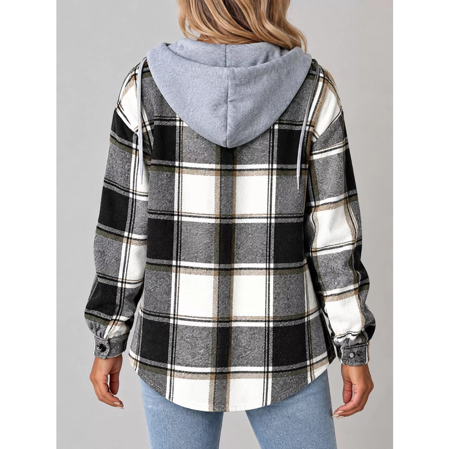 Button Down Printed Contrast Hooded Shacket Jacket Apparel and Accessories