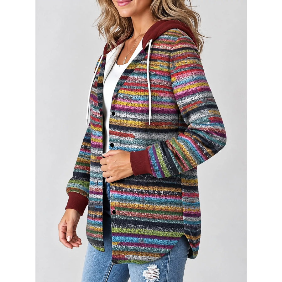 Button Down Printed Contrast Hooded Shacket Jacket Apparel and Accessories
