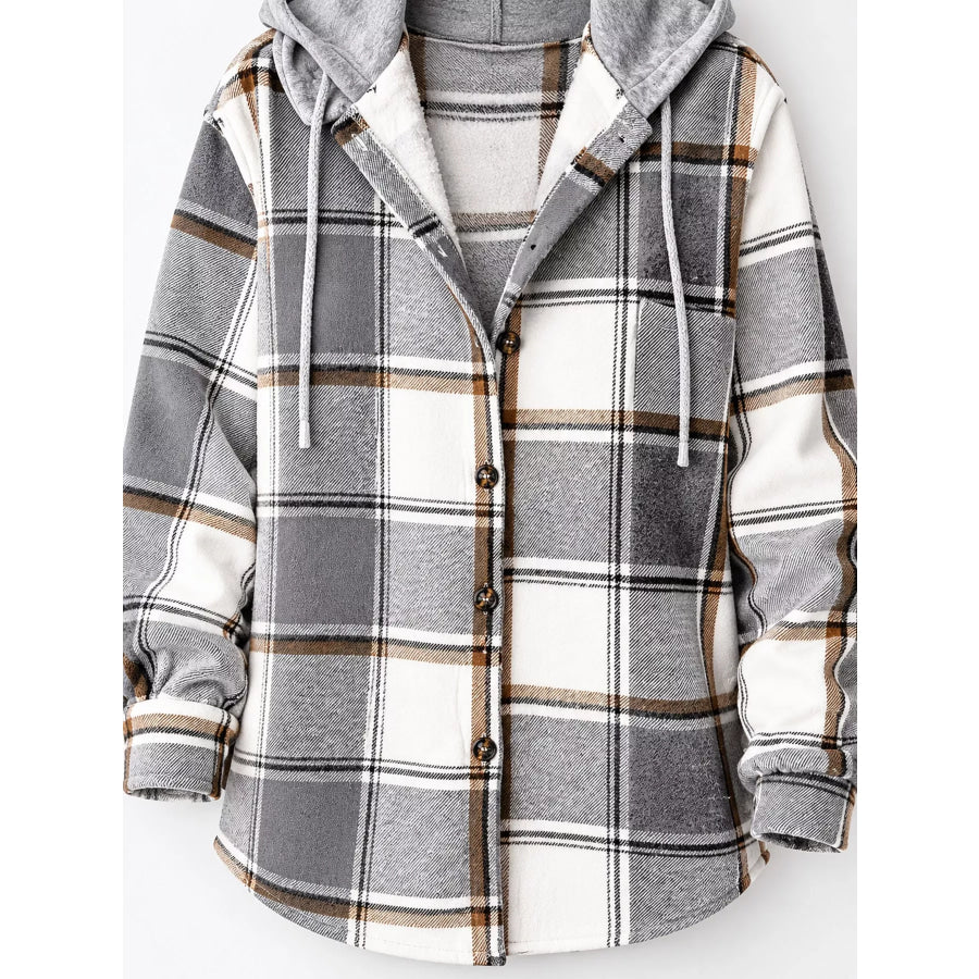 Button Down Printed Contrast Hooded Shacket Jacket Apparel and Accessories