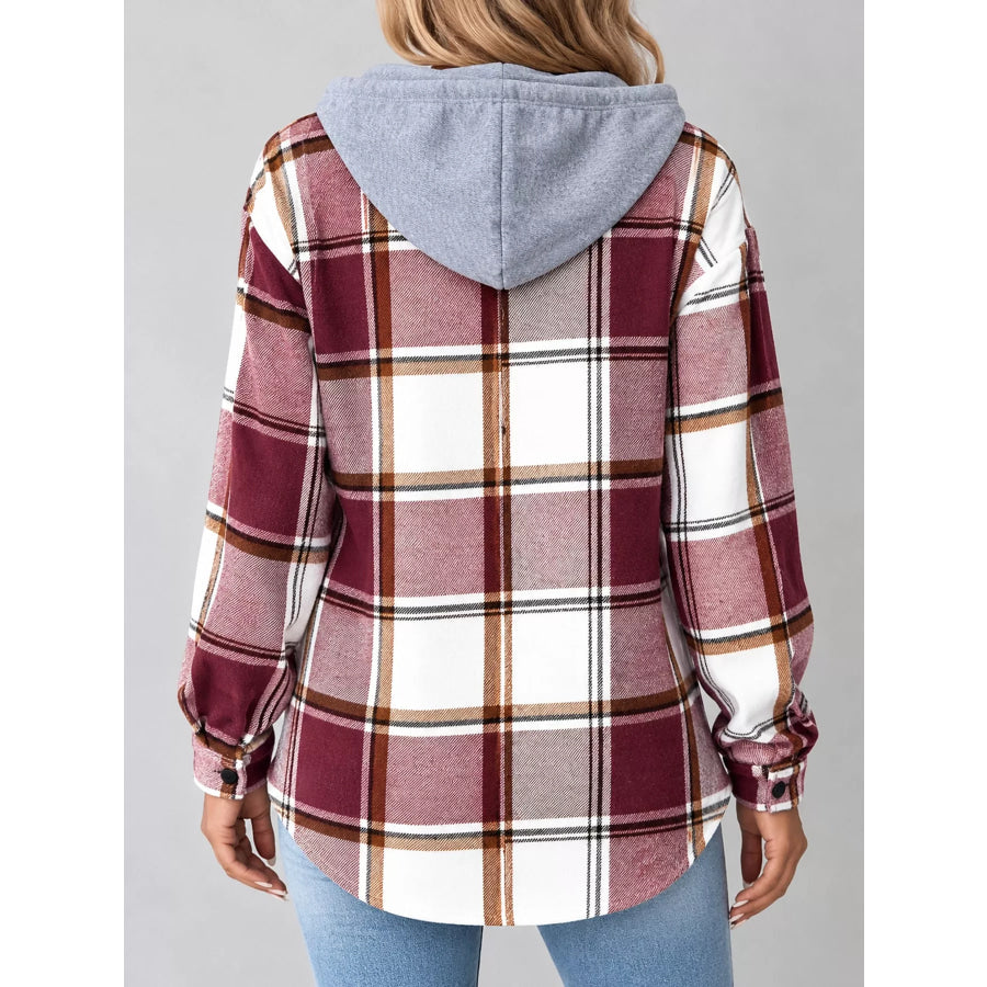 Button Down Printed Contrast Hooded Shacket Jacket Apparel and Accessories