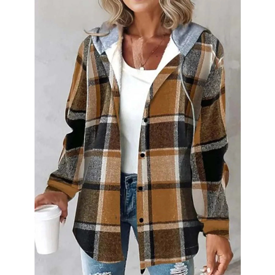 Button Down Printed Contrast Hooded Shacket Jacket Apparel and Accessories