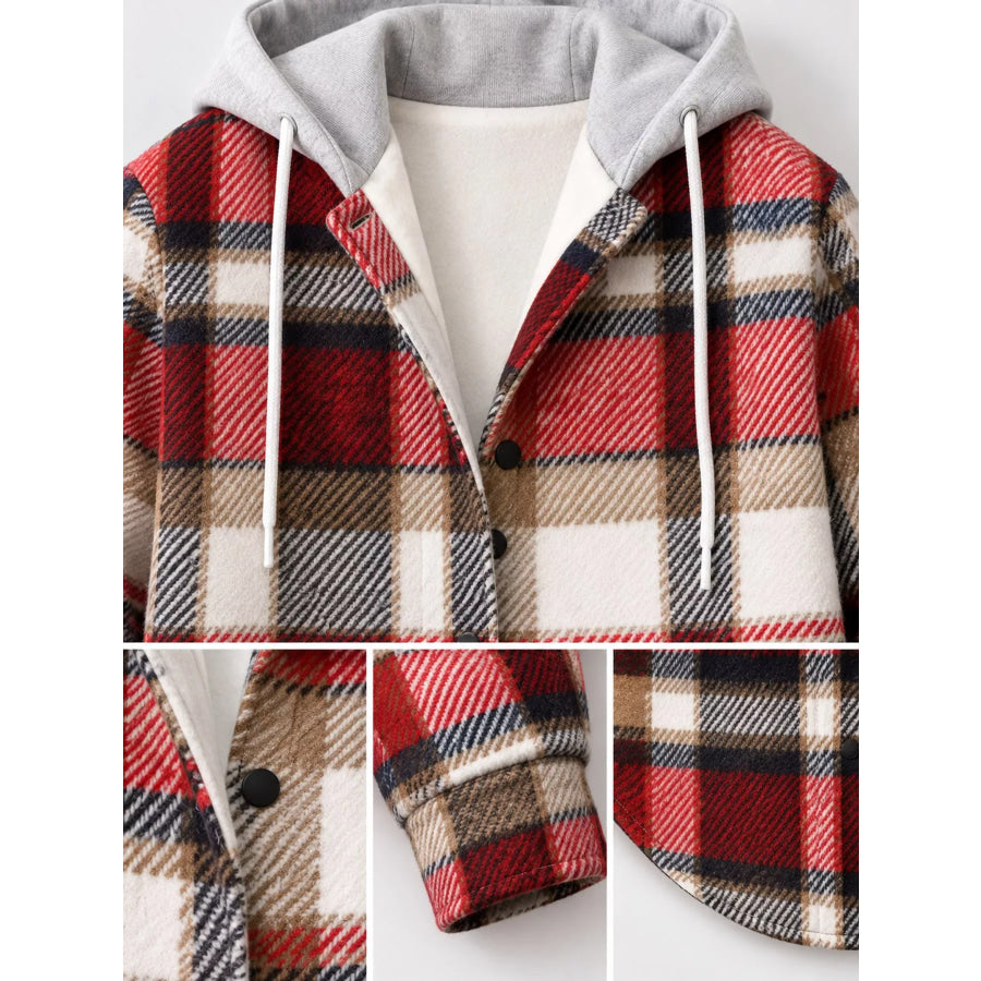 Button Down Printed Contrast Hooded Shacket Jacket Apparel and Accessories