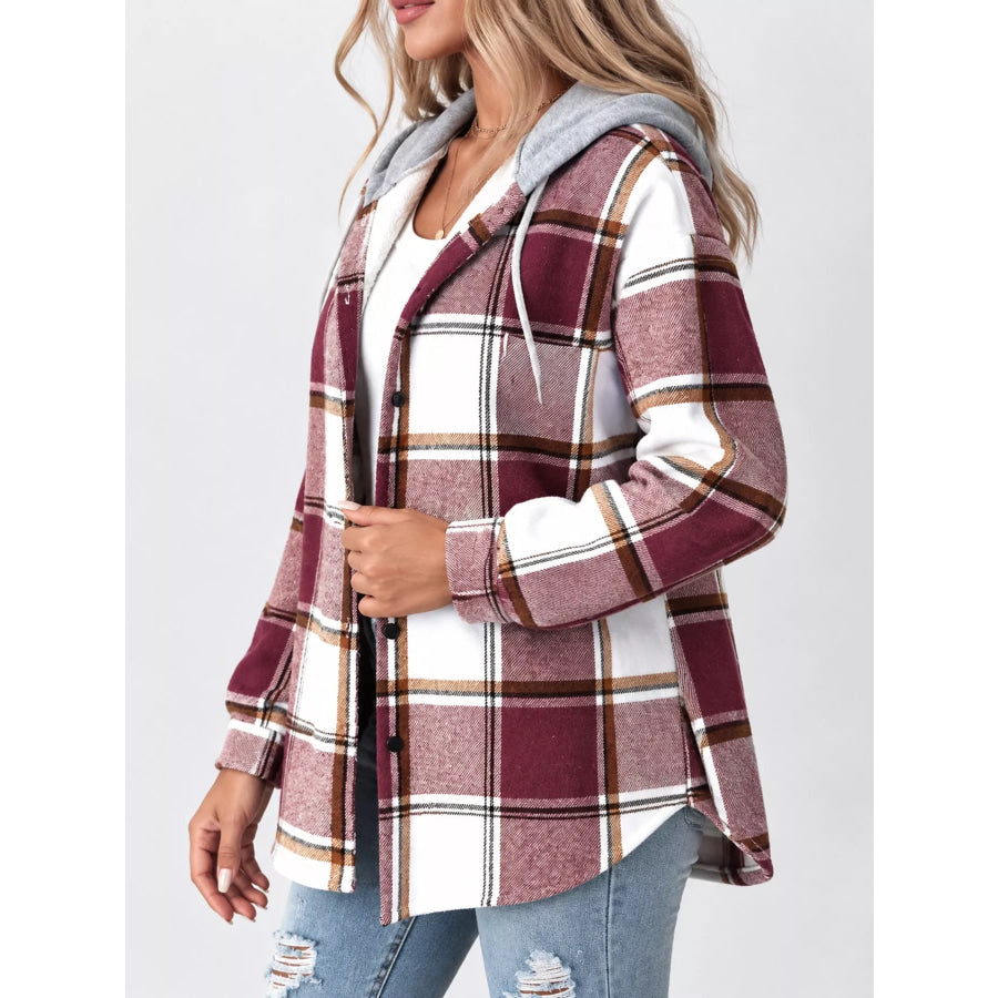 Button Down Printed Contrast Hooded Shacket Jacket Apparel and Accessories