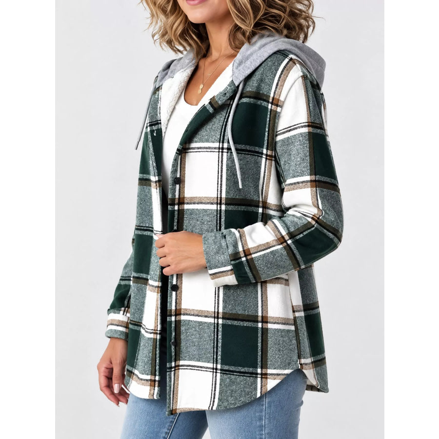 Button Down Printed Contrast Hooded Shacket Jacket Apparel and Accessories
