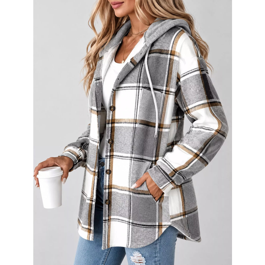 Button Down Printed Contrast Hooded Shacket Jacket Apparel and Accessories